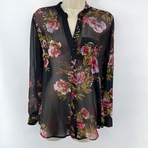 Kut From The Kloth Top Women Sz S Sheer Black Pink Floral Button Front Romantic